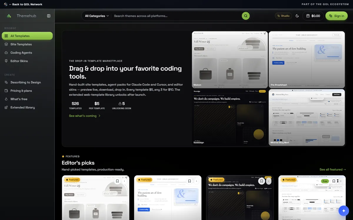 The marketplace grid — editor's picks across the three collections