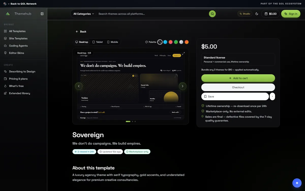 A template page — live preview with palette swatches and device switch