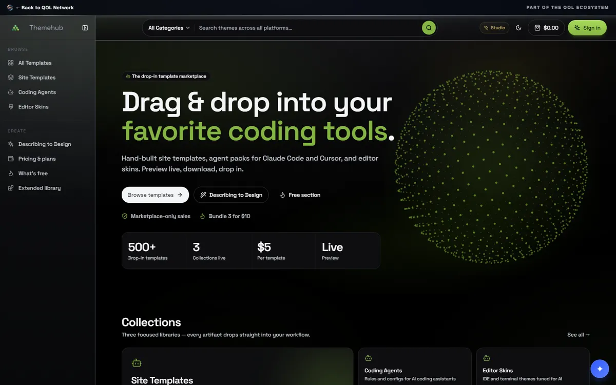 ThemeHub storefront — dark marketplace home with the drag-and-drop hero